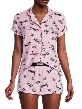 NWT Juicy Couture Light Pink Logo Print Short Sleeve Shorts Pajama Set SIZE M